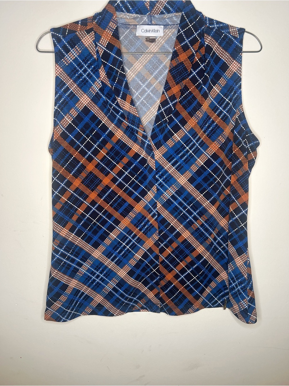 Calvin Klein Blue and Brown Plaid V-Neck Sleeveless Camisole